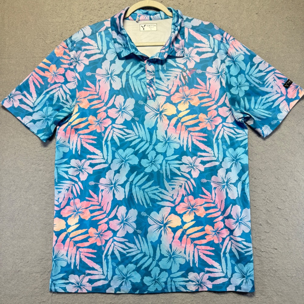 Yatta Golf Men's Tropical Floral Short Sleeve Button Up Polo Shirt‎ Size Large